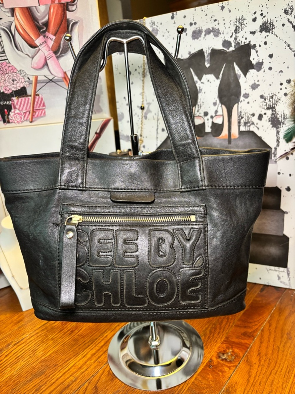 See by Chloé Black Leather Logo Tote Shoulder Bag Small Shopper